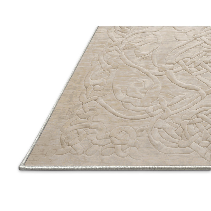 Tapis beige soyeux et moelleux, Rond 5 pi
