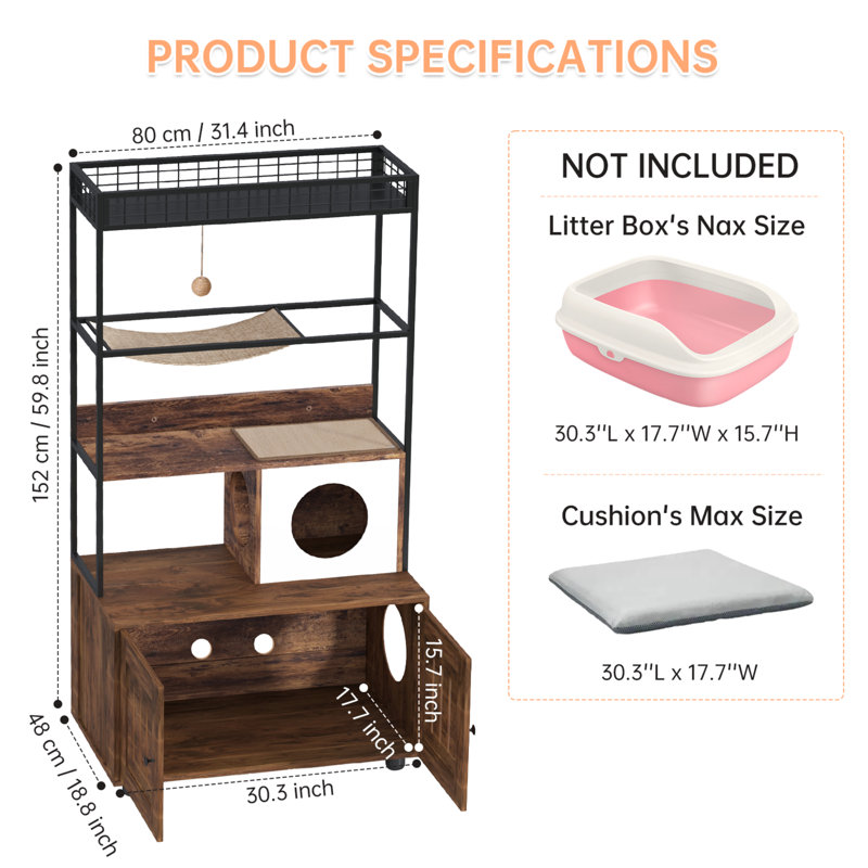 Enceinte de litière pour chat avec tablette de rangement, maison de chat cachée 60 po, poteau à griffer et hamac