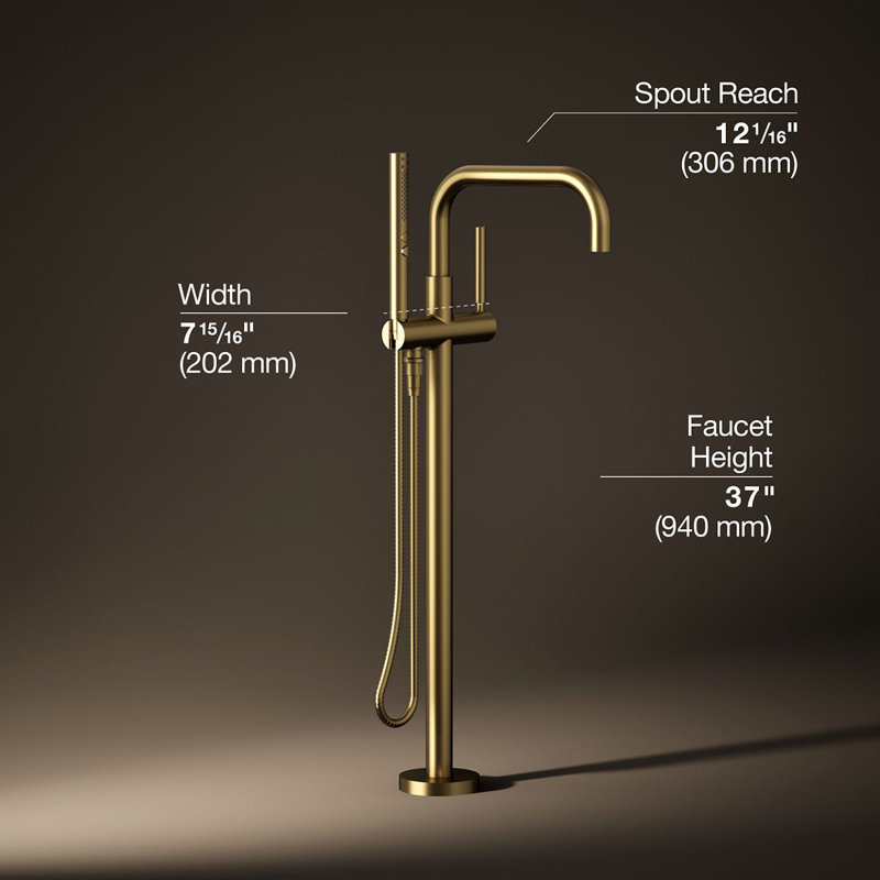 Purist Floor-Mount Bath Filler Trim with Handshower, Vibrant Brushed Moderne Brass