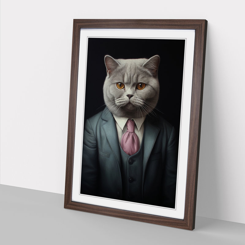 British Shorthair Cat In A Suit No.3 - Single Picture Frame Print on Wood, 46cm H x 34cm W x 2cm D, Walnut 