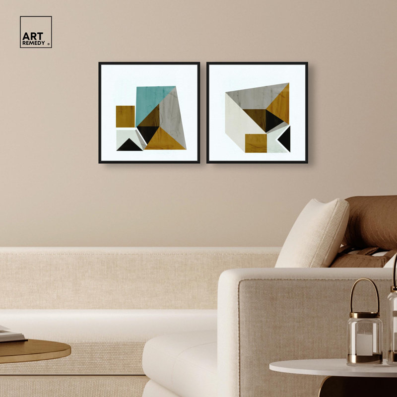 Mustard Geo Set Canvas Print Colourful Wall Decor Set by Art Remedy, Black Frame, 16 x 16, 17" H x 17" W, Black Frame