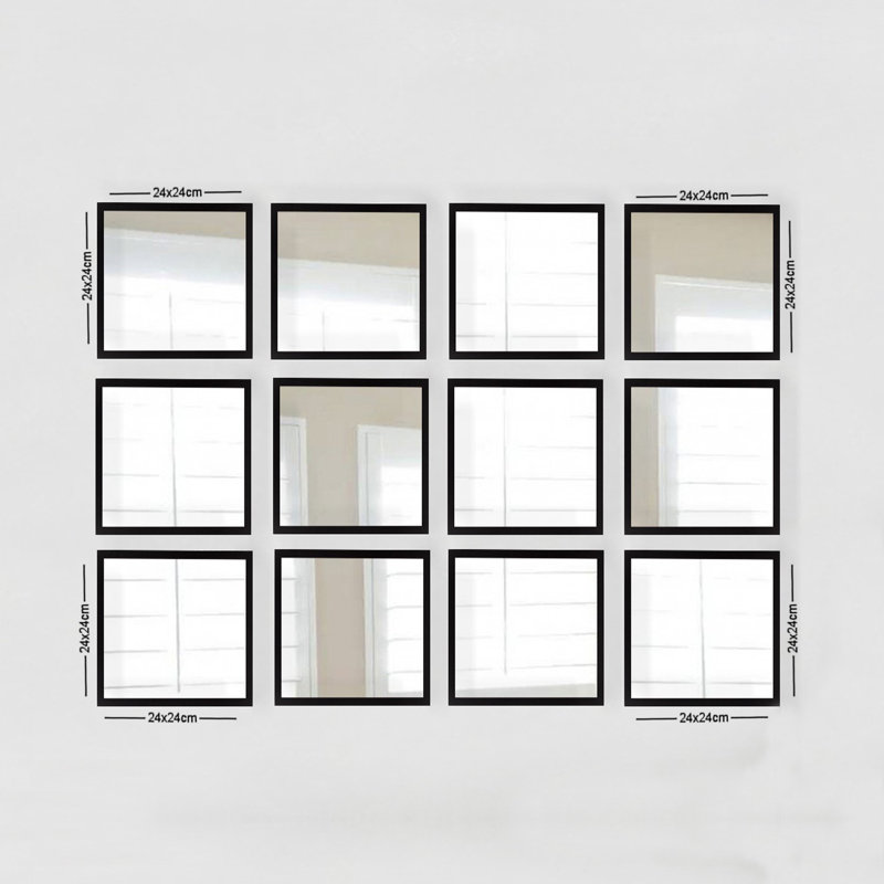 Ensemble de miroir élégant 12 pièces, 9,4 x 9,4 pouces, 100% verre avec cadre en plastique stratifié, argent et noir | Parfait pour la décoration intérieure, décoration élégante pour le salon, la chambre à coucher et le couloir, design polyvalent