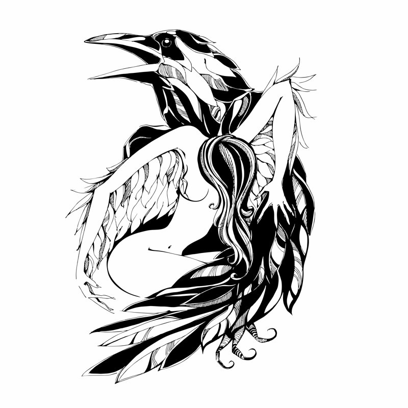 Calpine Raven And Angel. Tattoo. Protector. Patron. Vector Illustration. - Wrapped Canvas Print, 122cm H x 122cm W x 3.8cm D