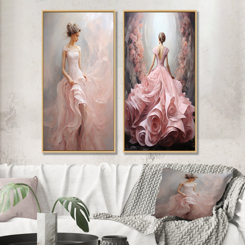 «Rose and White Woman Ballet Solitude I - Ballet Dancer», ensemble d'art mural sur toile, Cadre flottant brun