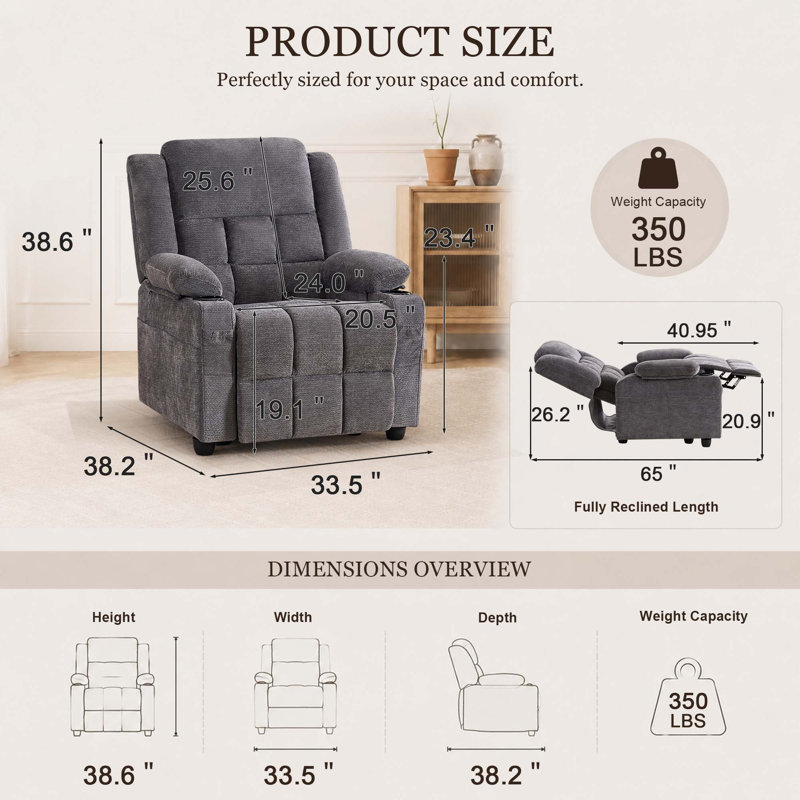Fauteuil inclinable électrique avec deux porte-gobelets, poche de rangement latérale, revêtement en chenille douce, fauteuil de cinéma électrique réglable pour salon et chambre, gris
