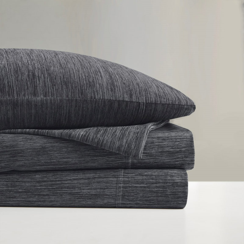 Ensemble de draps en jersey de nylon chiné Gracie Mills Azalea, Ensemble de draps pour lit simple avec un drap-hou, Noir