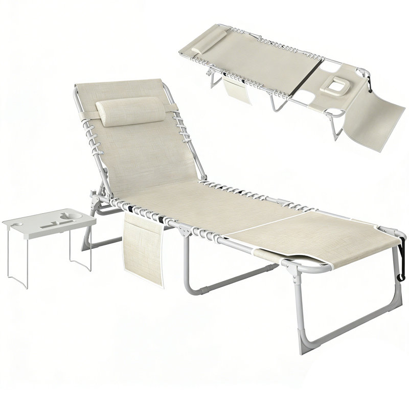 Folding Chaise Lounge Chair,outdoor Tanning Chair With Side Table, 5-level Adjustable Beach Lounge Chair With Headrest, Side Pocket For Patio, Backyard, Beach, Poolside