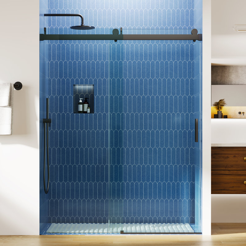 Porte de douche coulissante simple à fermeture en douceur 56 "- 60" x 76 "avec verre trempé 1/4", Noir mat