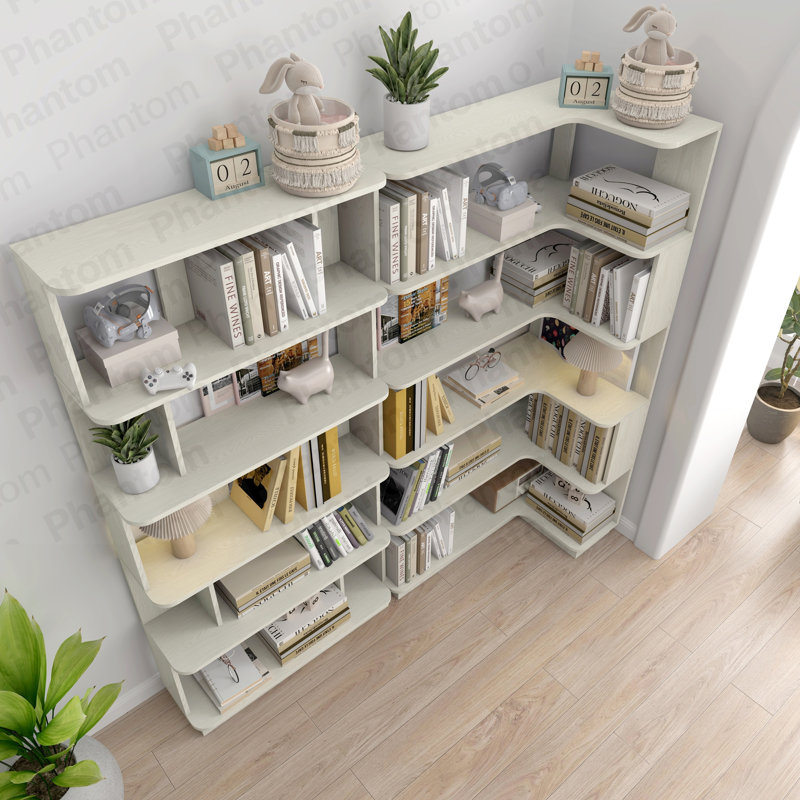 Bibliothèque d'angle compacte de 90 cm + bibliothèque libre extensible de 80 cm, ensemble de 2 tablettes de présentation, couleur chêne blanc et 4 autres couleurs optionnelles, meubles librement combinés et assortis