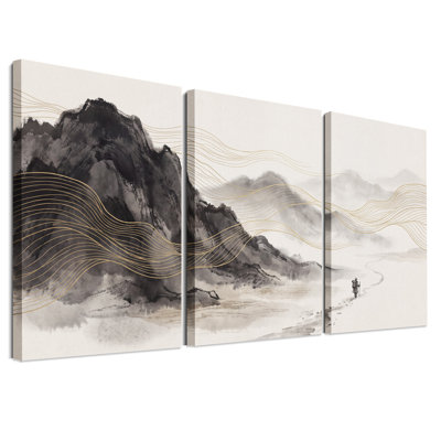 Ensemble de 3 toiles murales représentant un paysage de montagne à l'encre et aux lignes dorées