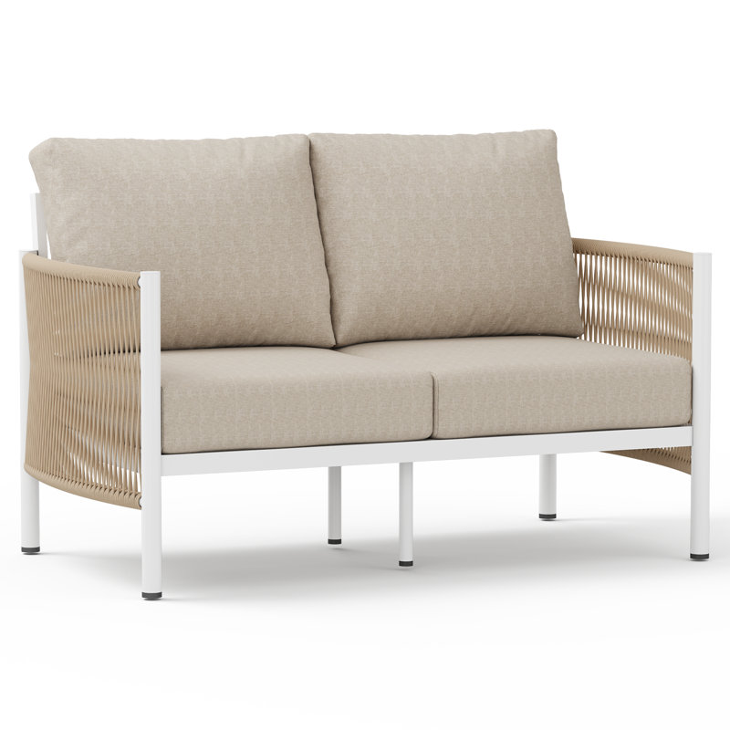 Boho 51" Aluminum Outdoor Loveseat sofa with 6" Thick Cushions, Rust-Resistant Frame & Handwoven HDPE Design, Beige/White