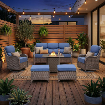 Mobilier d'extérieur à haut dossier avec coussins très épais de 6 pouces, ensemble de meubles de patio avec table de foyer et chaises pivotantes, ensemble de conversation en osier 6 pièces pour cour, terrasse et bord de piscine