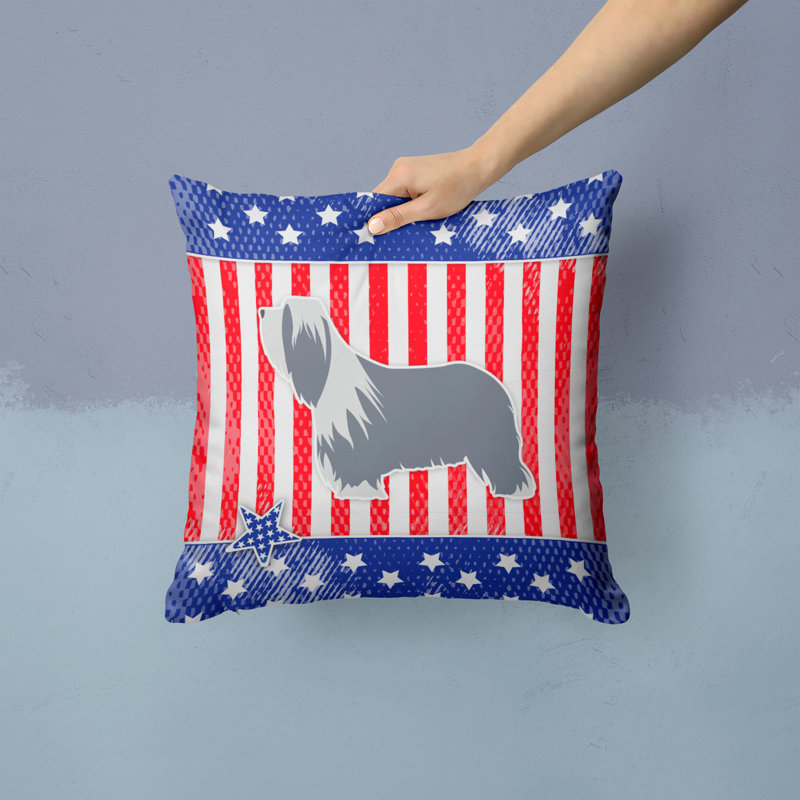 Patriotic USA Bearded Collie Indoor/Outdoor Throw Pillow, 14" H x 14" W x 3" D