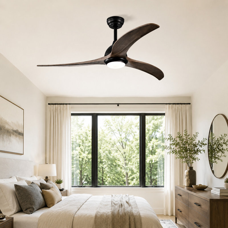 Ventilateur de plafond en bois massif de 52 po à 6 vitesses avec éclairage à DEL à intensité variable, 2 tiges et télécommande