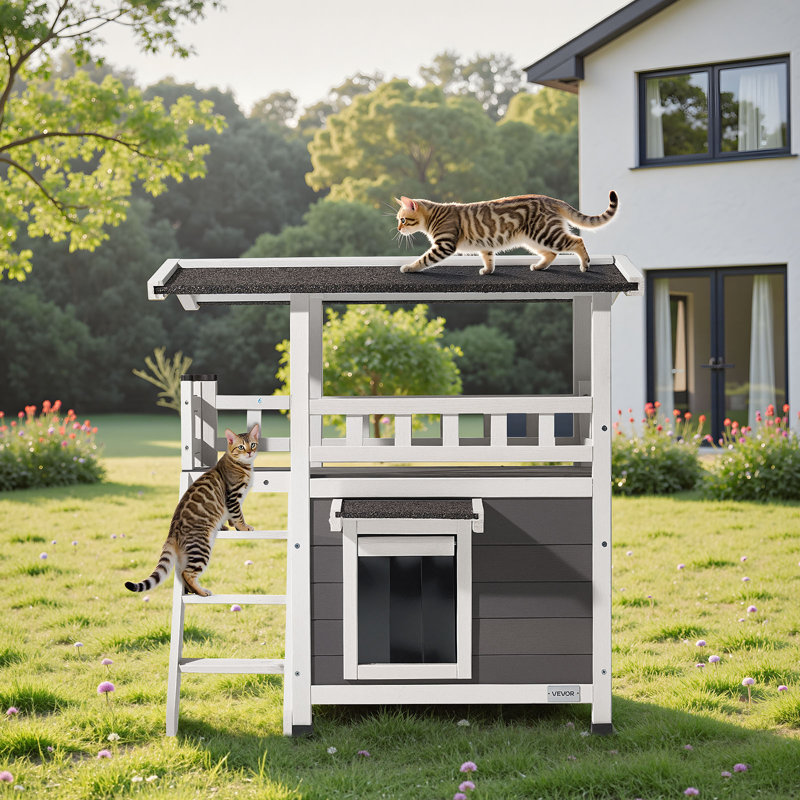 Abri pour chat extérieur en bois avec escalier et balcon