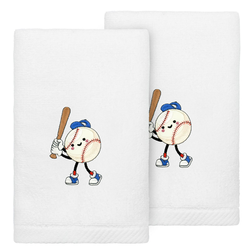 Joueur de baseball - Essuie-mains brodé 100% coton turc (ensemble de 2), Blanc