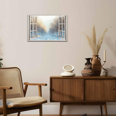 Large Window Winter Canvas Wall Art, Open Window View Snowy Forest Canvas Artwork, Fake Window Winter Landscape Wall Decor Picture Prints for Living Room Bedroom Office, 24×36 Inches