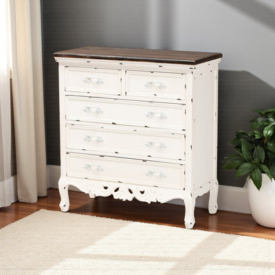 Ivy 5-Drawer Storage Cabinet in Two-Tone Walnut Brown and Antique White Finish by Livi Homes
