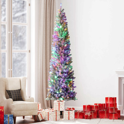 Arbre de Noël au crayon pré-éclairé, arbre de Noël artificiel avec lumières à DEL bicolores et bouts de branches, arbre de Noël floqué avec support en métal pour les fêtes, vert