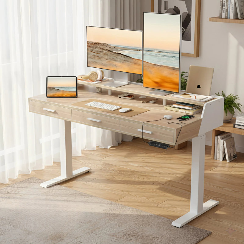 Bureau debout électrique 55 "avec tiroirs, Ivoire/blanc, L 55 po x P 26 po