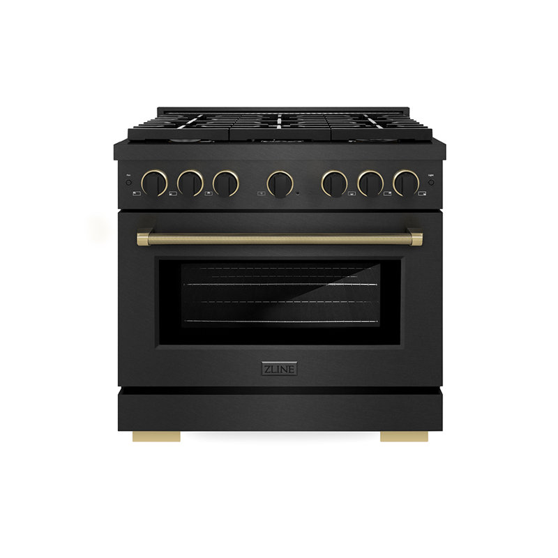ZLINE Designer 36 in. Paramount Gas Range in Black Satin Steel with Black and Bronze Accents, Matte Black/Champagne Bronze