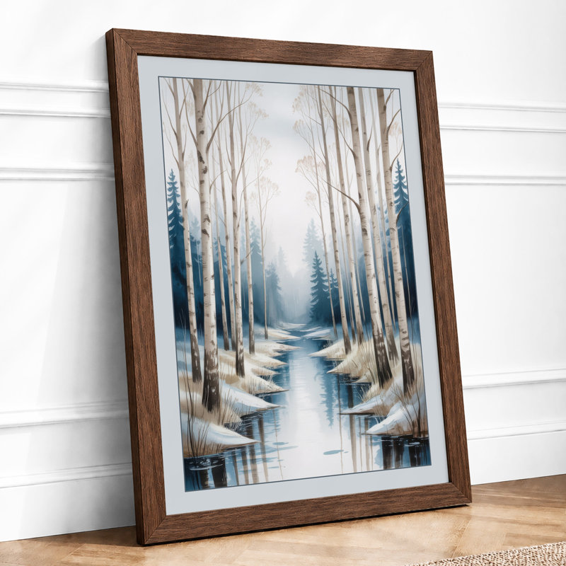 Frozen Stream in Birch Forest Scandinavian - Framed Print, A4 - 29.7 x 21.0 cm, Walnut