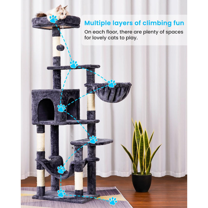 Cat Tree With Large Hammock, Multi-Level Cat Tower For Indoor Cats, Cat Condo With Sisal-Covered Scratching Posts And Top Perch, Smoky Grey MPJ050G