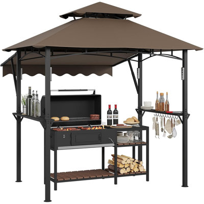 8x5 ft Double-Tier Grill Gazebo with 7x3 ft Front Awning, Heavy Duty Q235 Steel Frame, 2 Shelves, 10 Hooks & LED Lights for Patio, BBQ, Backyard, Claret