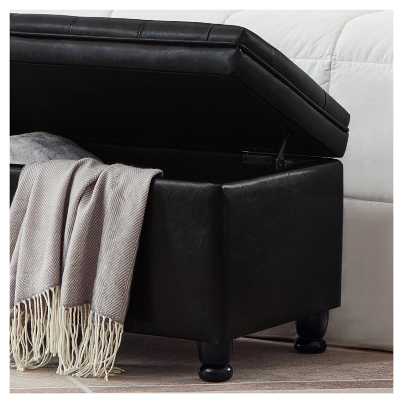 Banc de rangement rembourré capitonné avec similicuir, siège d'entrée noir avec compartiment intérieur et pieds en bois d'hévéa
