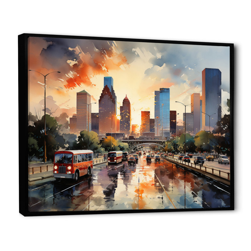 " Houston City Horizons I ", 12" H x 20" W x 1" D, Black Floater Framed