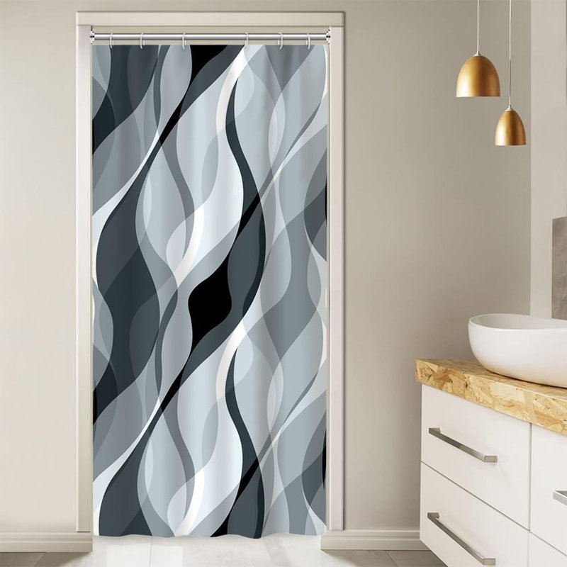 Pack of 1 Modern Abstract Striped Shower Curtain Set with Hooks, Blue, 182.88cm H x 91.44cm W