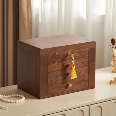 Black Walnut Wooden Jewelry Box With Mirror And Lock - 4 Layer Solid Wood Jewelry Organizer For Necklaces, Rings, Earrings, Watches - Classic Design Storage Box For Women