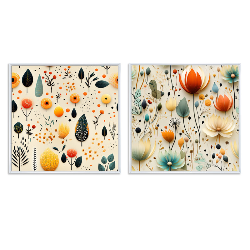 Hinojos - Ensemble de 2 collages carrés botaniques abstraits, Cadre flottant blanc, H 30 po x l 61 po