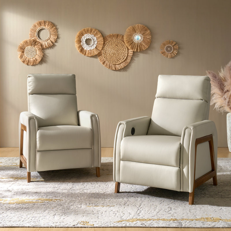 Ean 29" Genuine Leather Power Recliner with Charging Ports(Set of 2), Beige