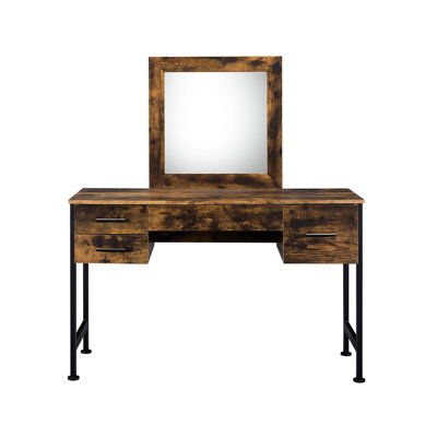 4 - Drawer Vanity , Rustic Oak And Black Metal, 18"L X 18"H Mirror, Side Metal Glide Benefit Different Sizes