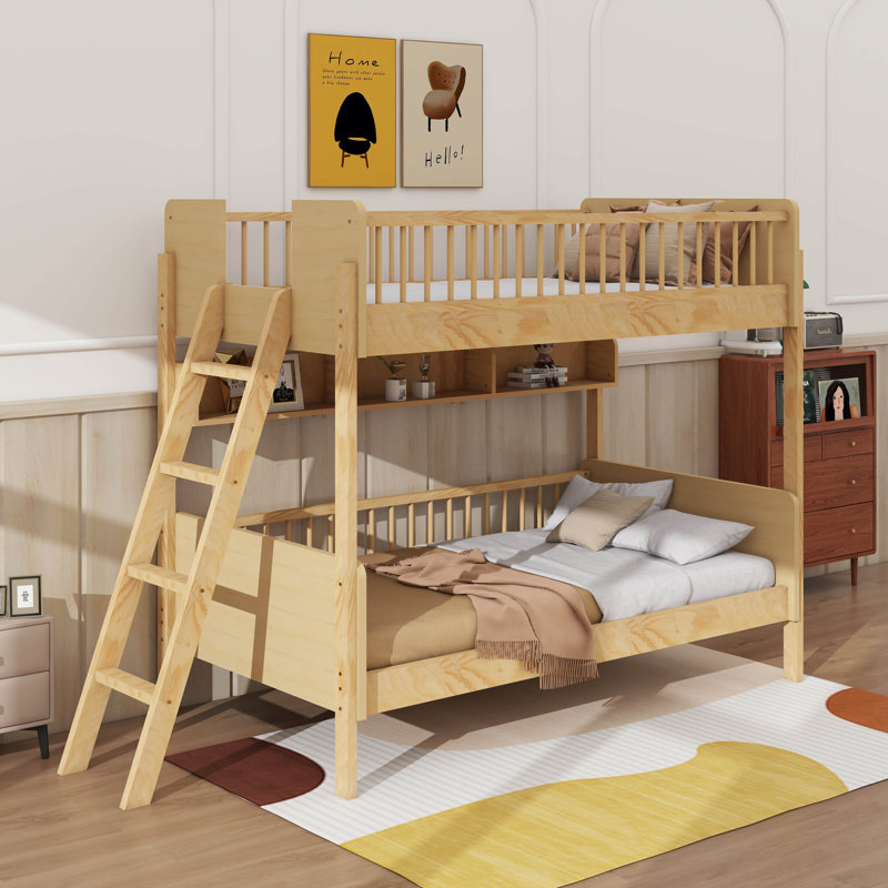 Twin Size Bunk Bed With Shelves,Ladder Can Be Changed Left Or Right, Natural