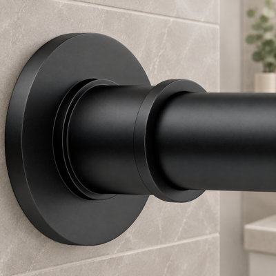 A matte black stainless steel spring-tension shower curtain rod adjustable from 18-64 inch; the non-slip no-drill design works for windows or bathrooms.
