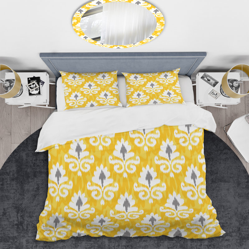 Yellow Flower Ikat Pattern Ikat Duvet Cover, King Duvet Cover + 2 King Shams