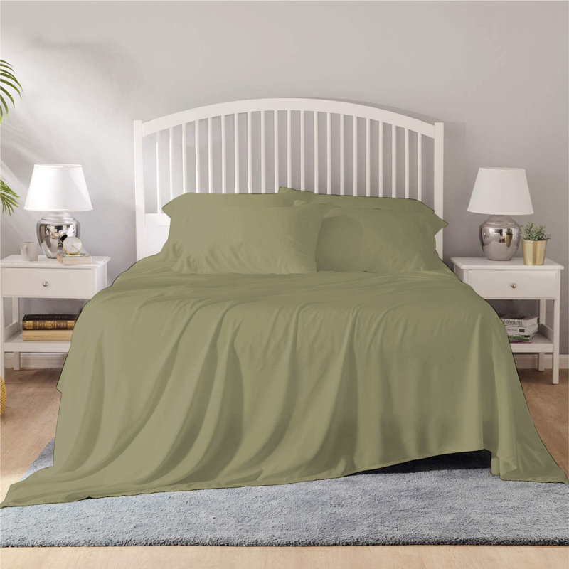  Ensemble de draps 2200 fils, Ensemble de draps pour lit double + un drap-housse, Sauge