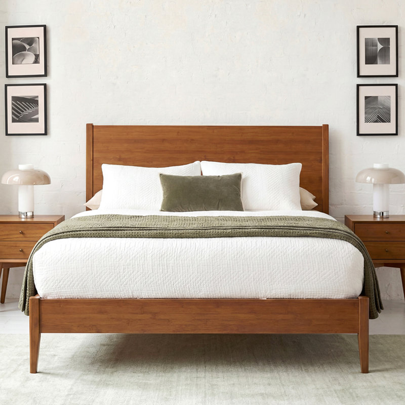 Mid-Century Modern Solid Bamboo Wood Queen Size Sled  Platform Bed Frame with Wood Slats and Metal Support,No Box Spring Needed,Easy Assembly