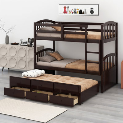 Bunk Bed With Ladder,Safety Rail,Trundle And Drawers