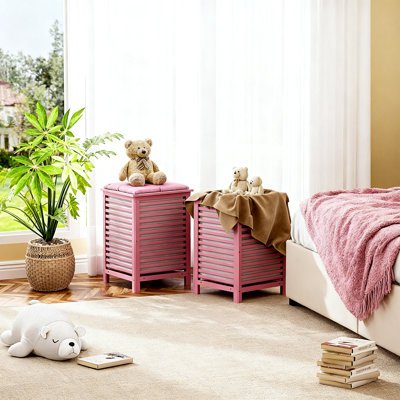 Double Laundry Hamper With Lid, Bamboo Laundry Basket With Removable Liner Bag, 2-Section Clothes Divider Laundry Sorter.(Pink)