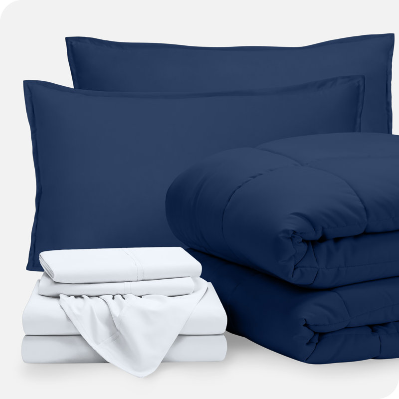 Microfiber Bed-In-A-Bag, Dark Blue/White, California King Comforter + 6 Additional Pieces