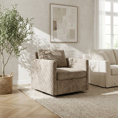 Fauteuil d'appoint rembourrÃ© pivotant Ã  360 degrÃ©s, avec compartiment de rangement dissimulÃ© et accoudoirs carrÃ©s capitonnÃ©s en losanges, comprenant un coussin rÃ©versible