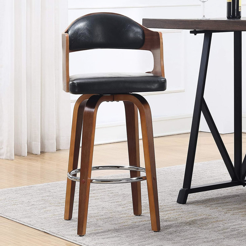 Poussoir Mid-Century de 27 po de hauteur dorée, coussin en similicuir noir, structure en bois massif, ovale sans dossier pour les repas et sièges luxueux, sièges confortables rétro, cuisines comptoirs idéales pour îlot central