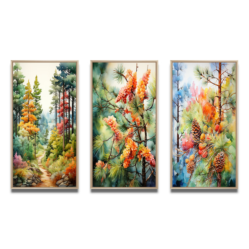 «Pine Tree Autumn Symphony», 3 pièces sur toile, Cadre naturel flottant, H 28 po x l 36 po