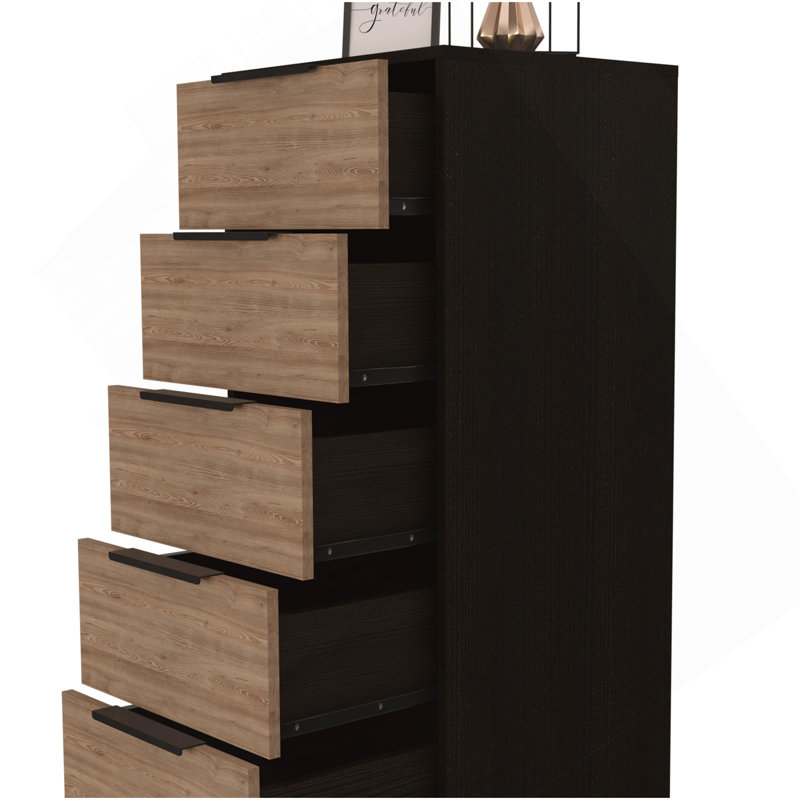 Dresser 42"H, 5 Drawer, Vertical Dresser, Black / Light Oak, Brown/Black