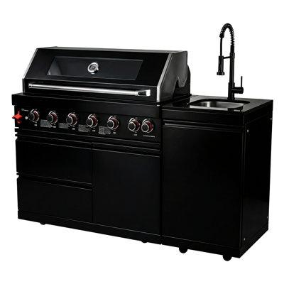 82 - Inch Outdoor Kitchen Barbecue Island With 6 Burners, 85000 , , Black Granite Countertops, Stainless Steel Construction, And Rated Refrigerator Grill Sink, Temperature Gauge, Adjustable Shelves