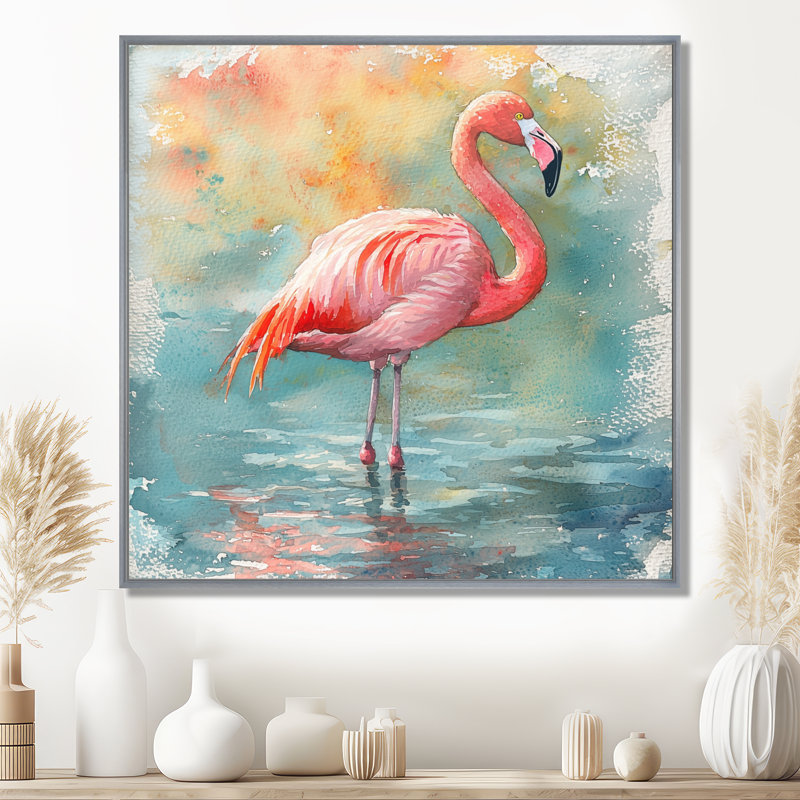 Chynthia Flamingo Grace - oiseau, art mural, Impression encadrée flottante, Argent argent, H 16 po x l 16 po
