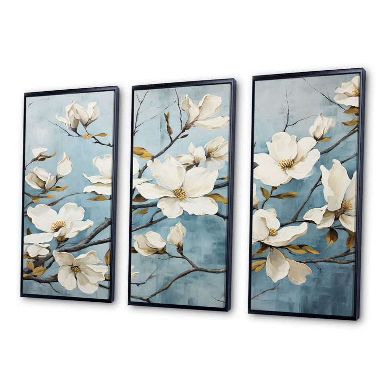 «White Blue Dogwood Peacefulness» - ensemble d'art mural en toile de cornouiller, Cadre flottant noir